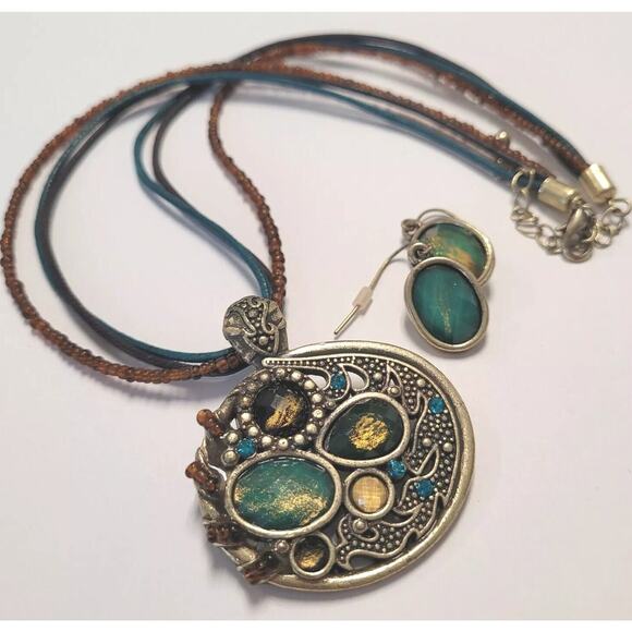 Art to Wear Boho Choker Necklace Earring Set Retro Art Deco Bead Stone Cabochon - Picture 1 of 6